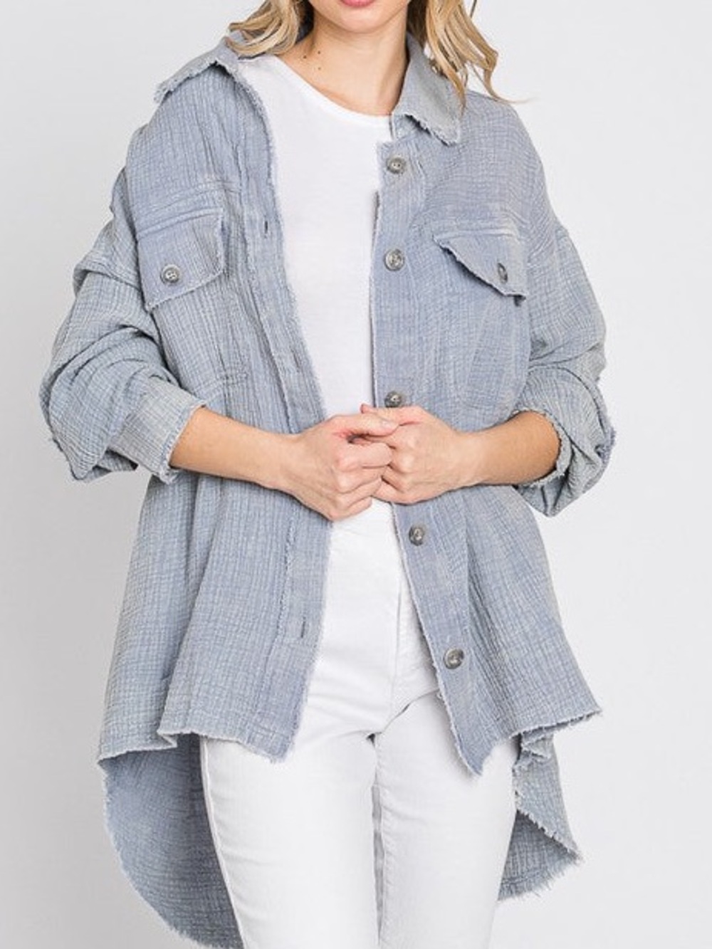 Oli & Hali Double Gauze Button Front Oversized Shacket Cotton Shirt Blue Large